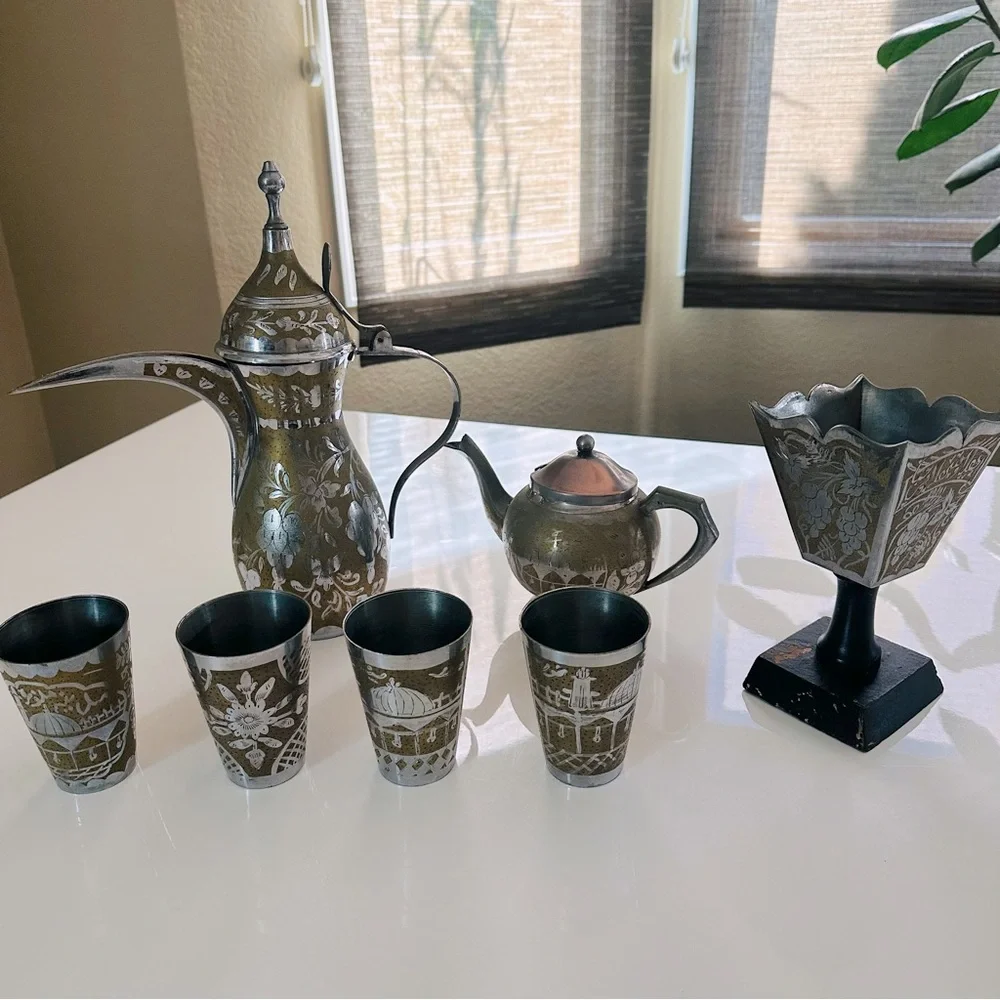 Vintage Dallah Coffee Set Brass Etched